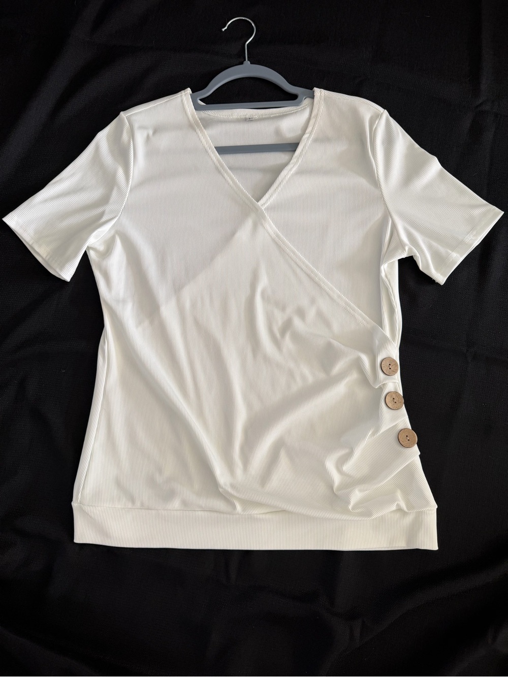 Women’s Cream Short-Sleeve Wrap Top with Button Detail
